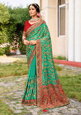 Sea Green Satin Silk Embroidery Saree-4422